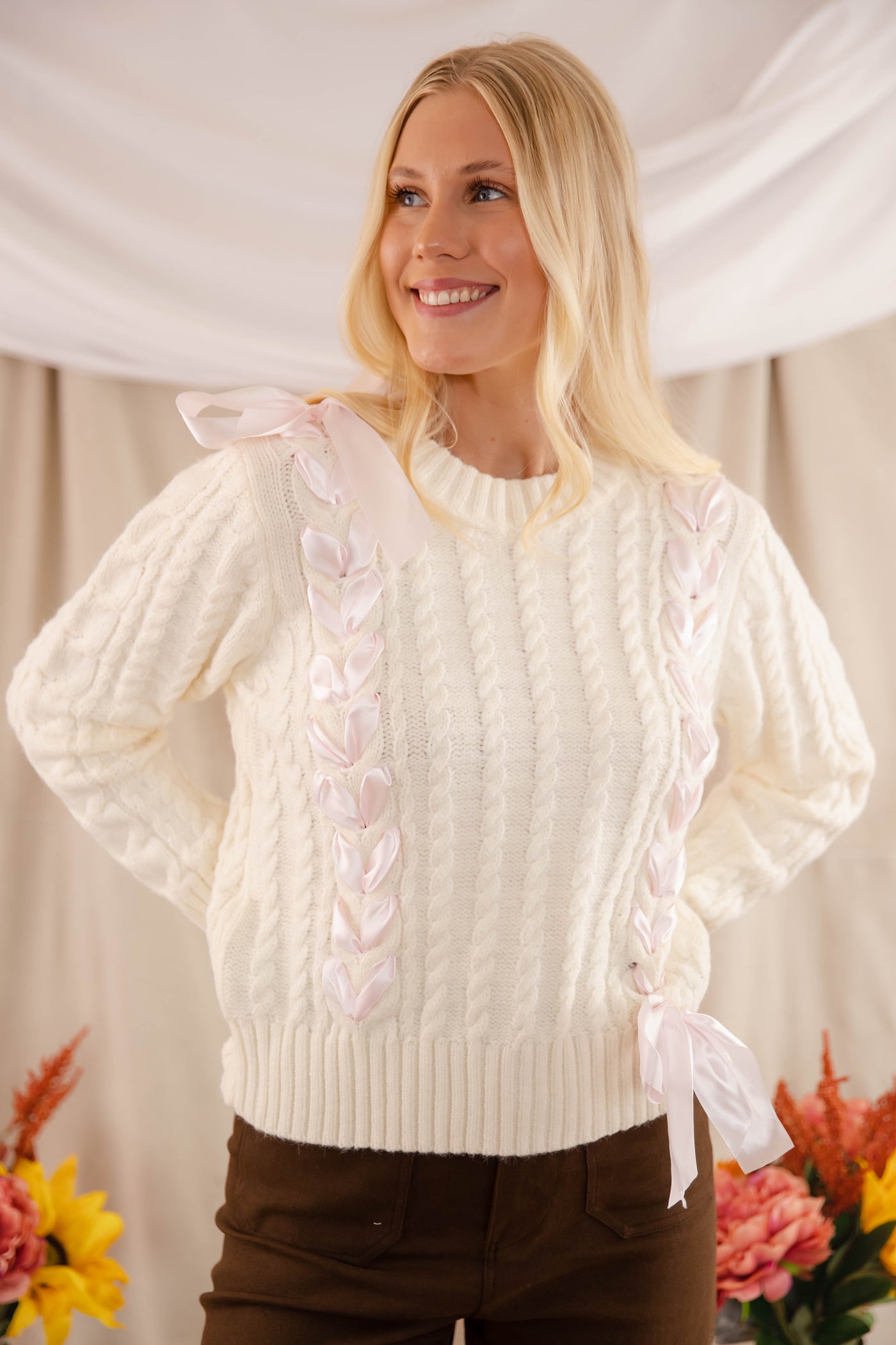 Ivory Sweater With Pink Ribbon- Cable Knit Ribbon Sweater For Women- LoveShack Bow Sweater