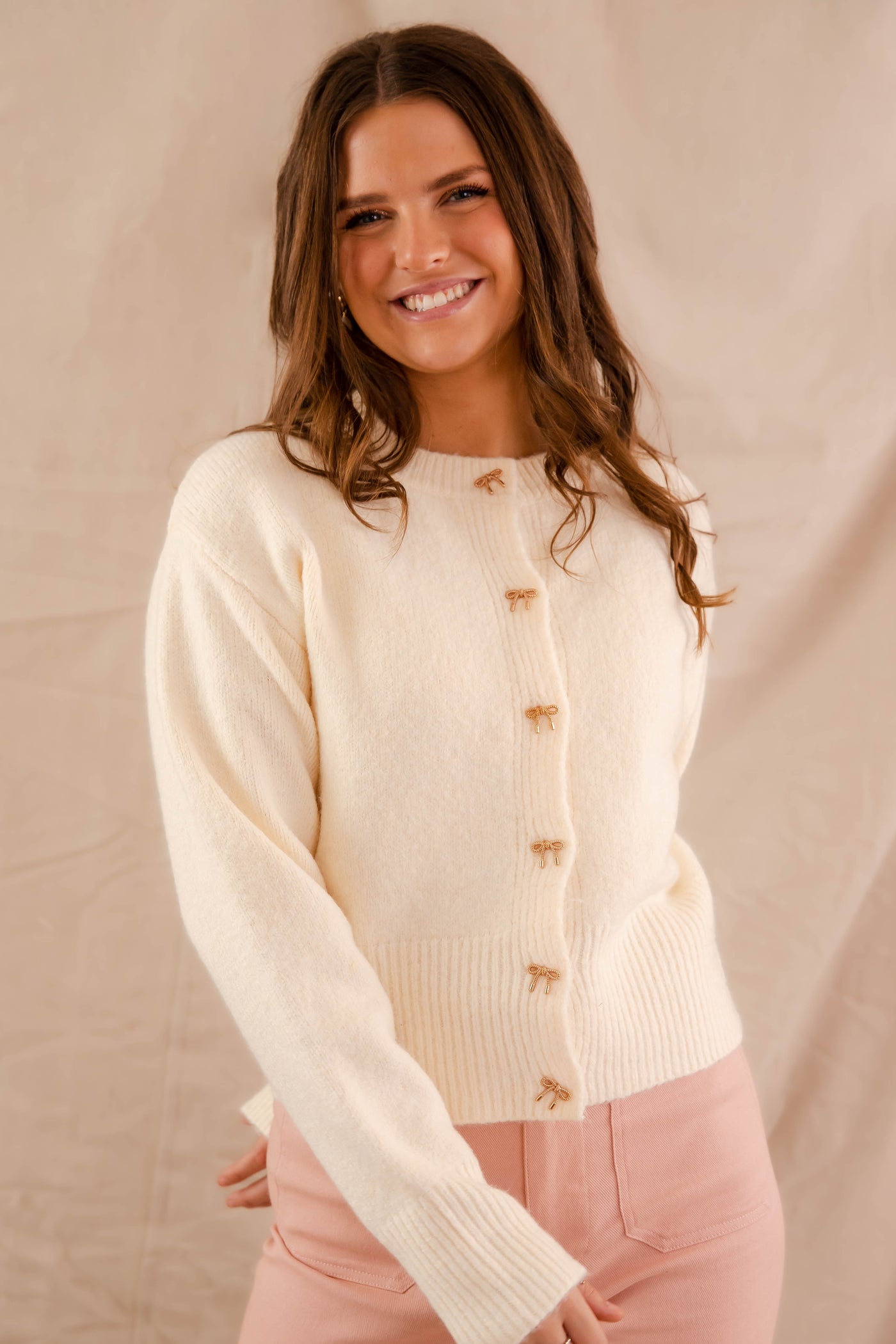 Women's Classic Ivory Cardigan- Women's Gold Bow Button Cardigan