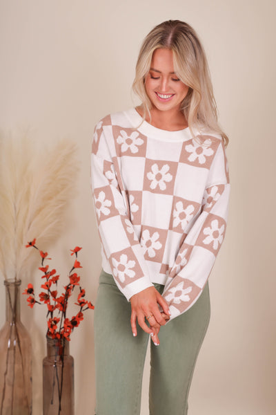 Women's Trendy Check Sweater- Checkered Flower Sweater- Miracle Sweaters