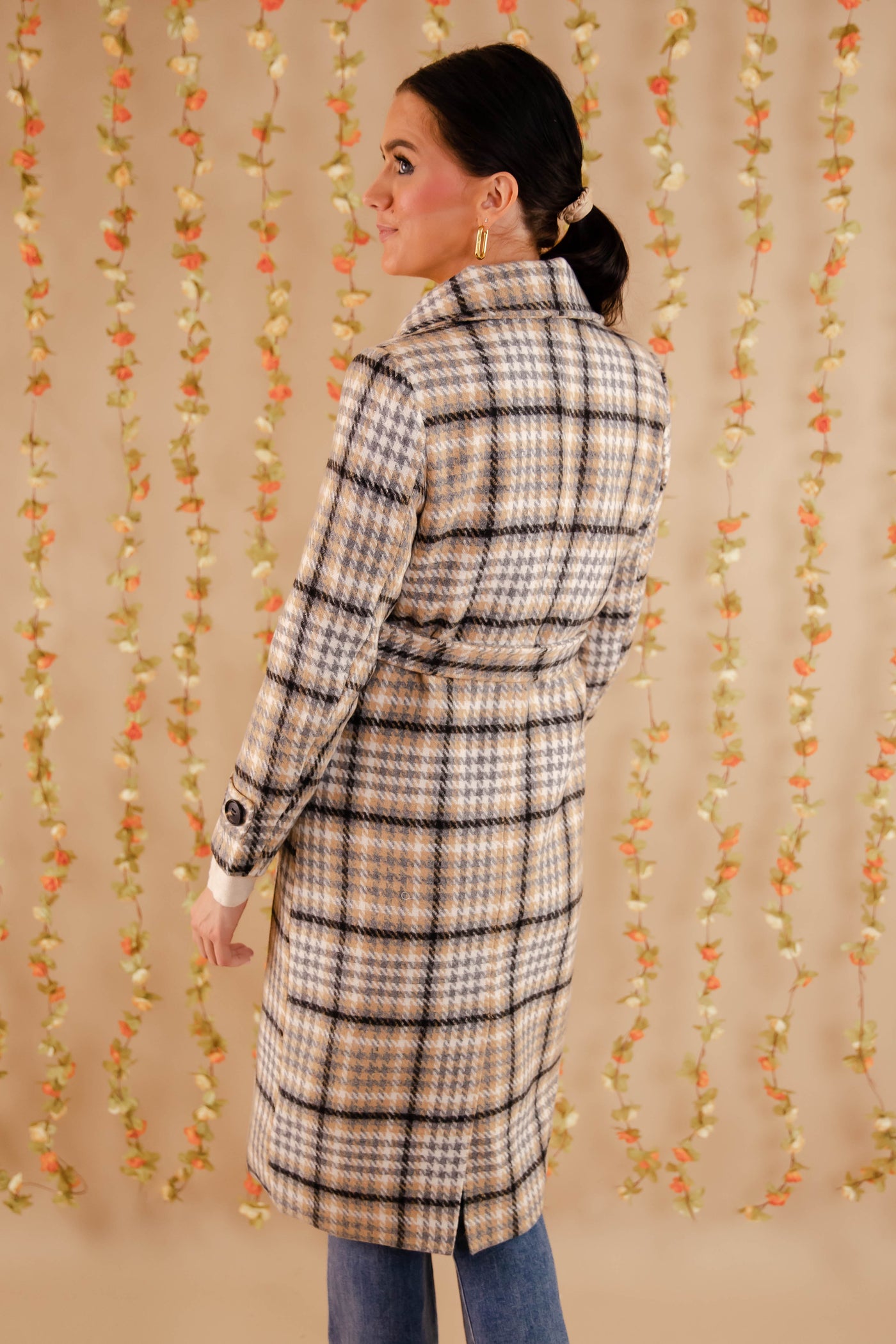 Women's Plaid Winter Coat- Double Breasted Check Print Coat- Women's Coat With Belt