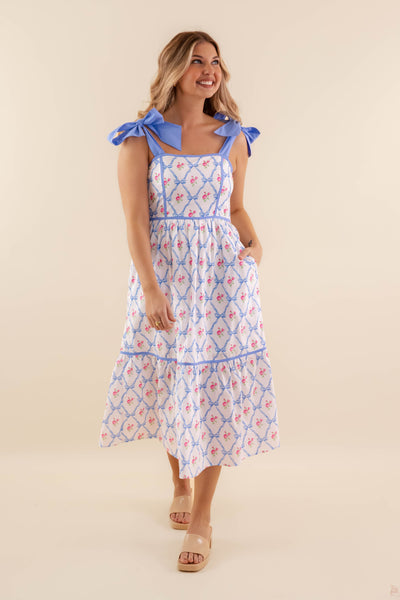 Women's Blue Bow Dress- Bow Midi Dress- Entro Bow Dress