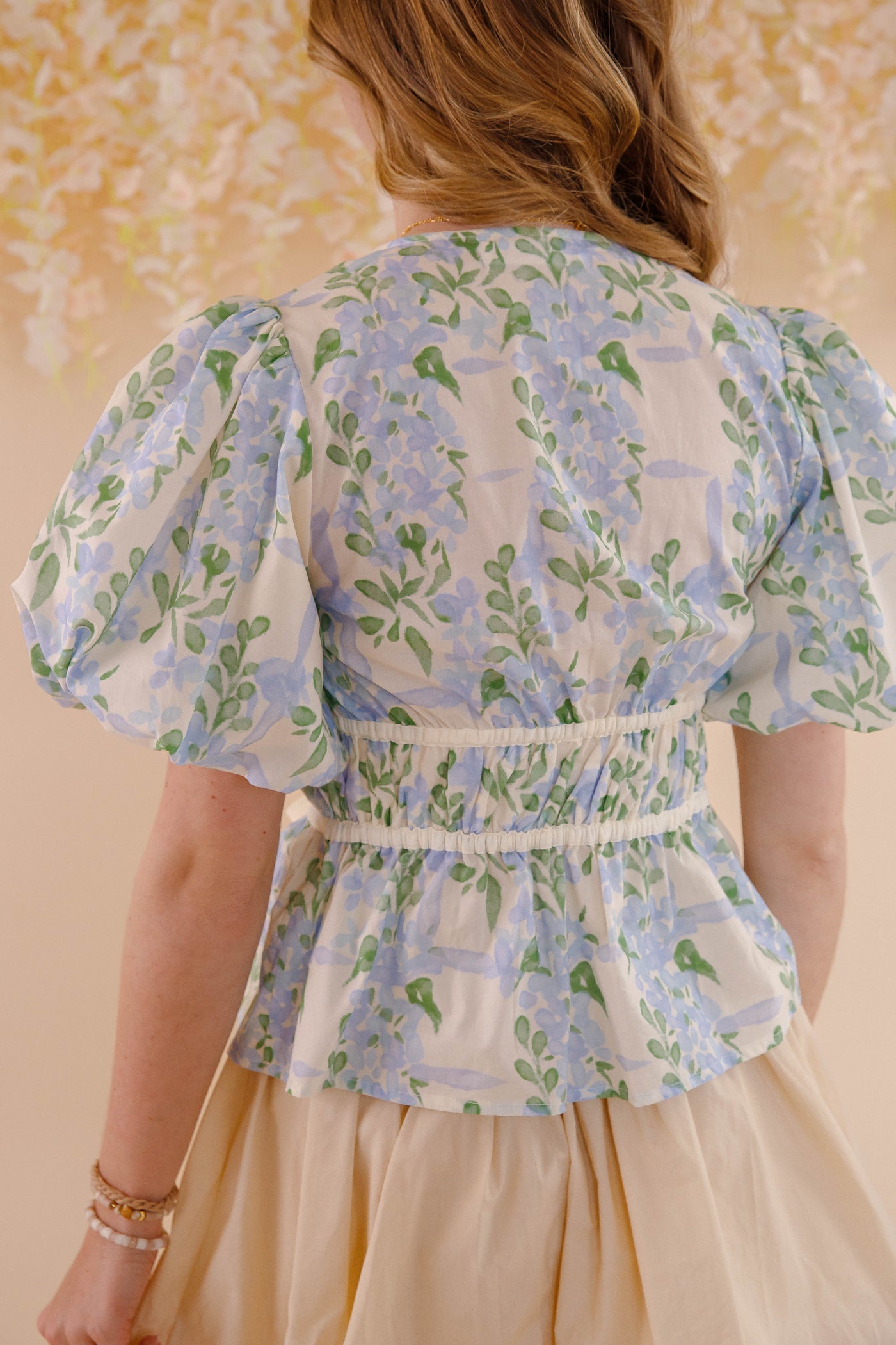 Cotton Blue Floral Puff Sleeve Blouse- Women's Cute Tops- Entro Floral Top