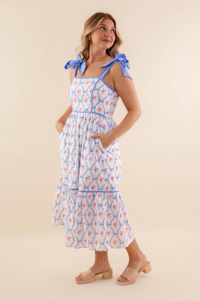 Women's Blue Bow Dress- Bow Midi Dress- Entro Bow Dress