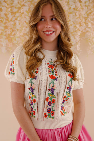 Floral Embroidered Pointelle Knitted Top- Women's Knit Sweater Top- Strut&Bolt
