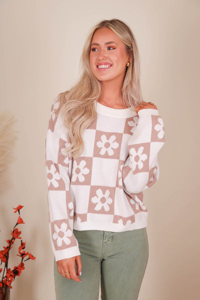 Women's Trendy Check Sweater- Checkered Flower Sweater- Miracle Sweaters