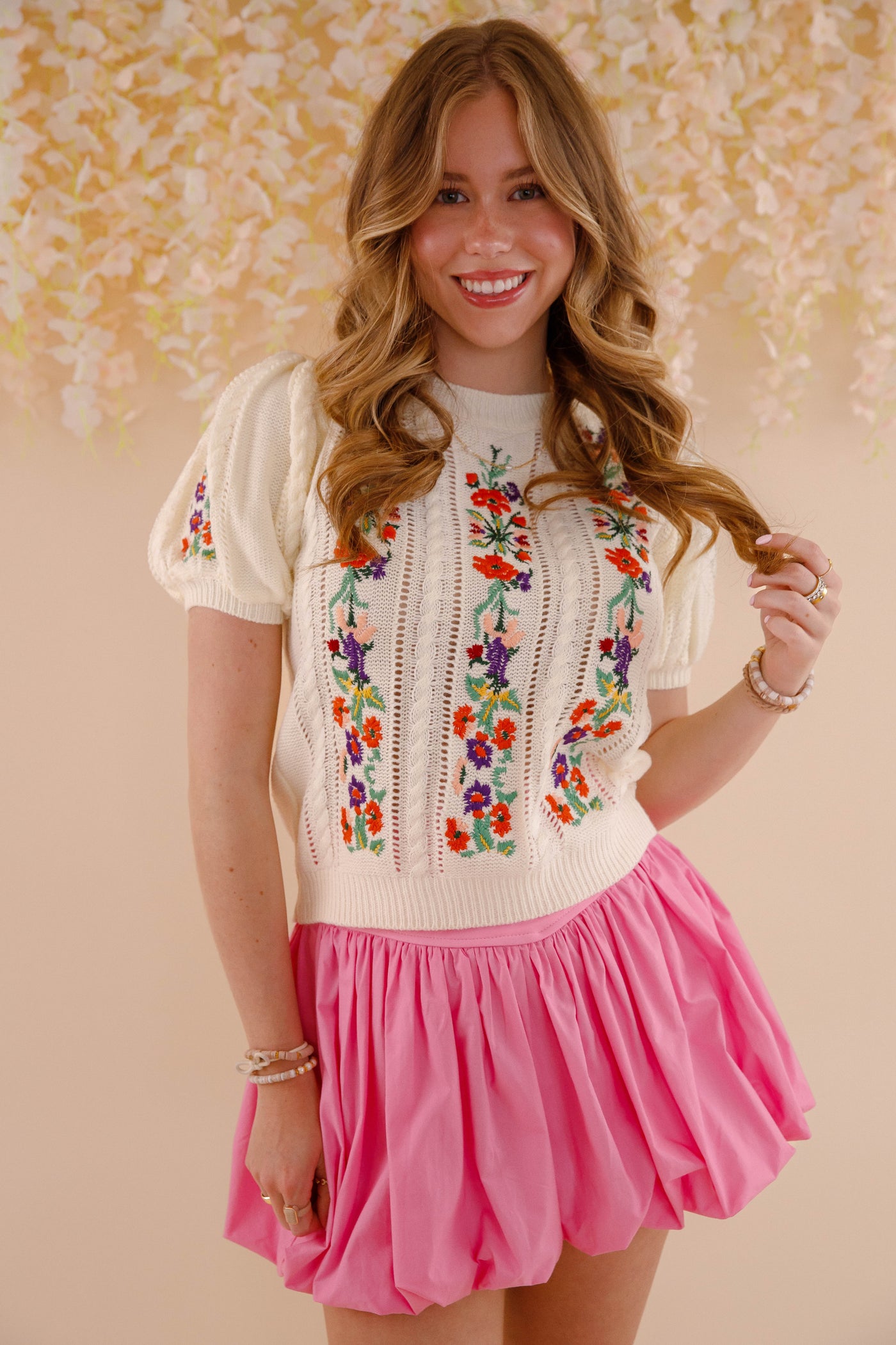 Floral Embroidered Pointelle Knitted Top- Women's Knit Sweater Top- Strut&Bolt