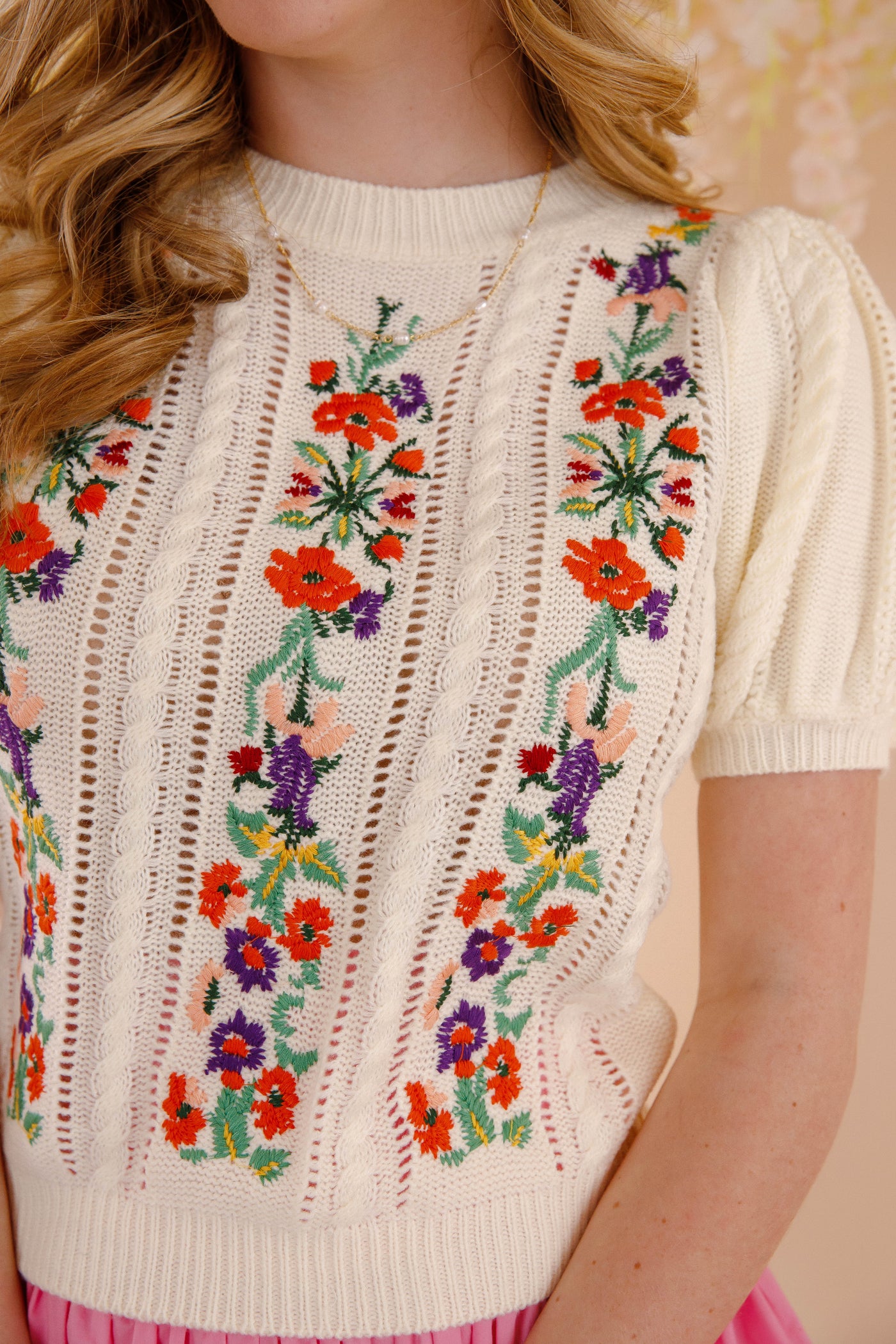 Floral Embroidered Pointelle Knitted Top- Women's Knit Sweater Top- Strut&Bolt