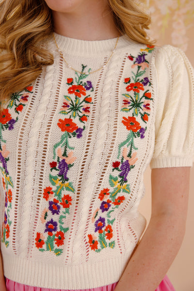 Floral Embroidered Pointelle Knitted Top- Women's Knit Sweater Top- Strut&Bolt