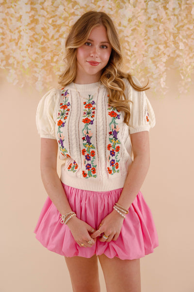 Floral Embroidered Pointelle Knitted Top- Women's Knit Sweater Top- Strut&Bolt