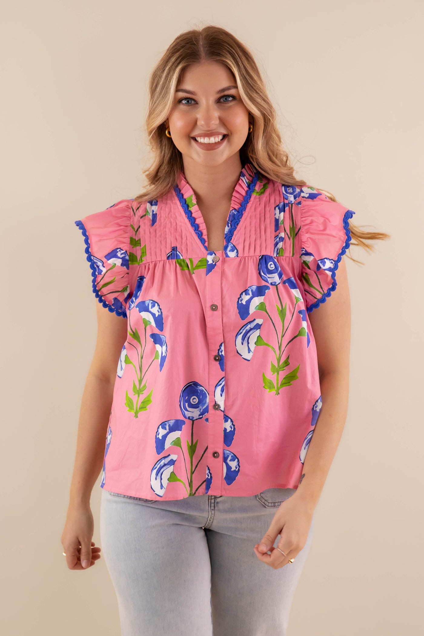 Floral Print Ruffle Sleeve Blouse- Blue and Pink Ruffle Top- Women's Spring Tops