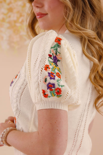 Floral Embroidered Pointelle Knitted Top- Women's Knit Sweater Top- Strut&Bolt