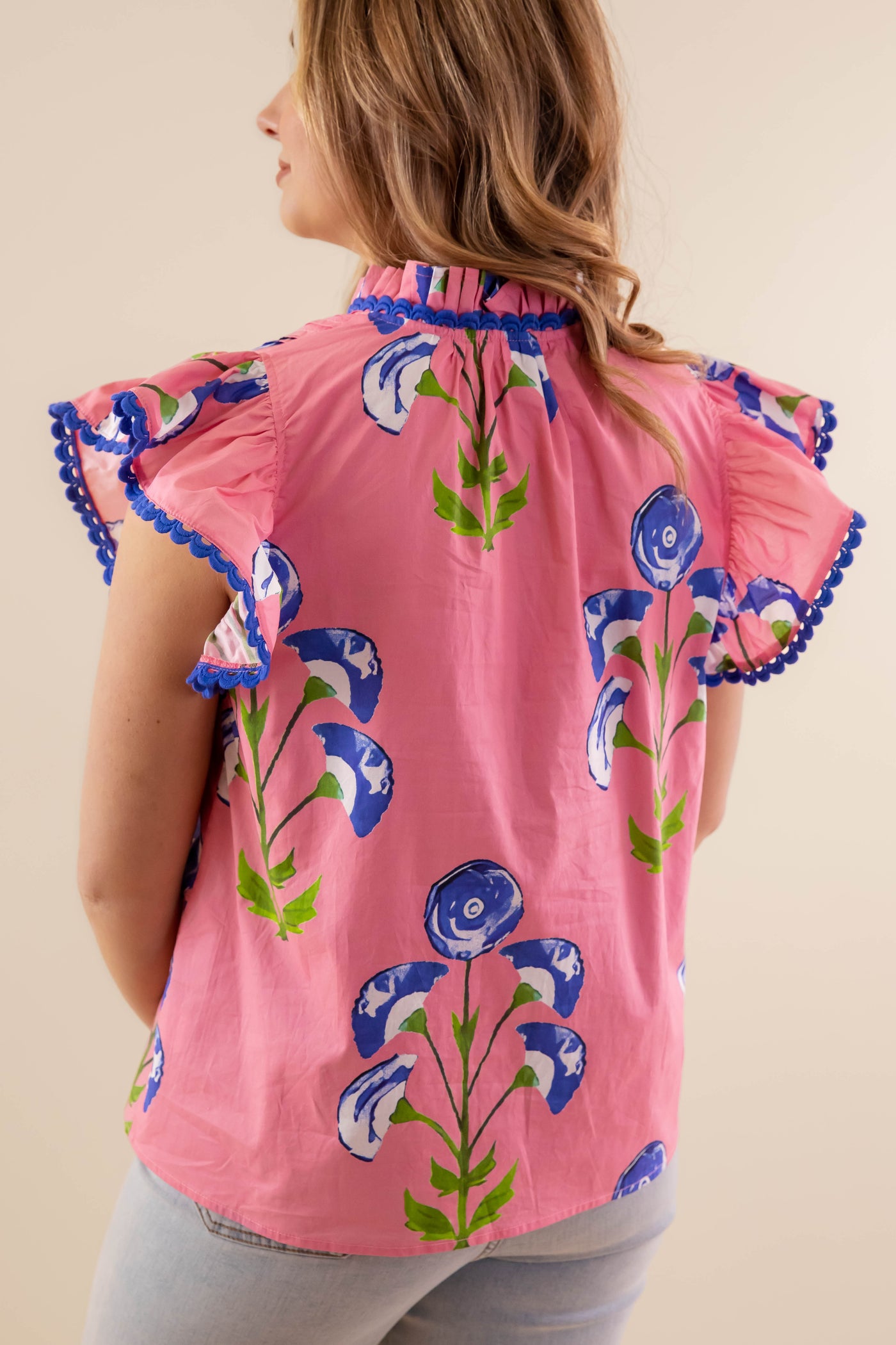 Floral Print Ruffle Sleeve Blouse- Blue and Pink Ruffle Top- Women's Spring Tops