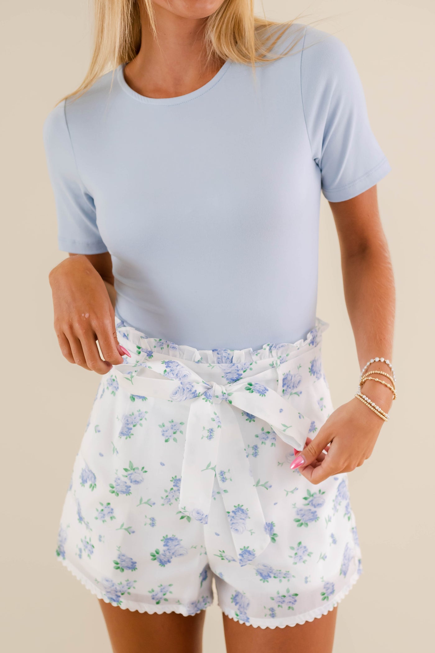 Floral Blue Ribbon Shorts- Blue TCEC Shorts- LoveShack Shorts