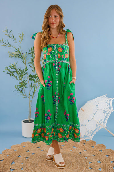 Women's Green Print Floral Dress- THML Midi Dress- Women's Vacation Dresses