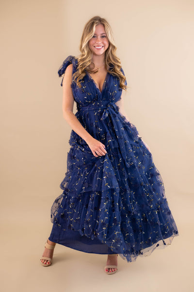 Navy Blue Tulle Maxi Dress- 3D Flower Maxi Dress- Elegant Tulle Flower Maxi Dress