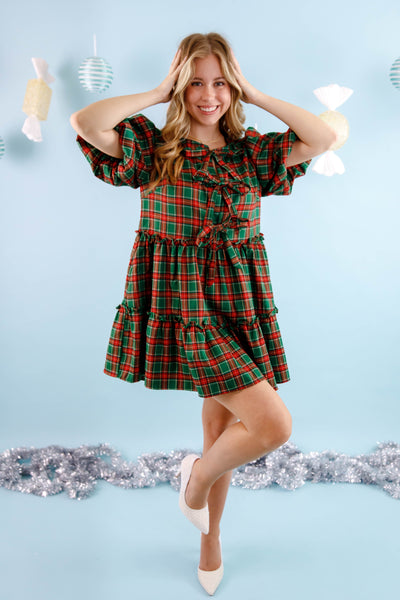 Green Tartan Plaid Dress- Women's Plaid Holiday Dress- PeachLove Christmas Dress