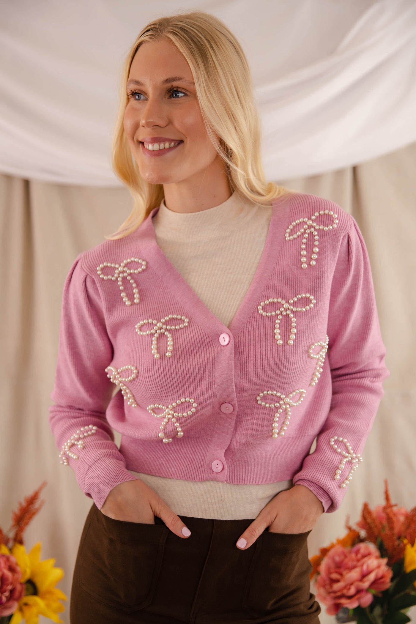 Women's Pearl Bow Cardigan- Pink Cardigan With Bows- PeachLove Pearl Sweater