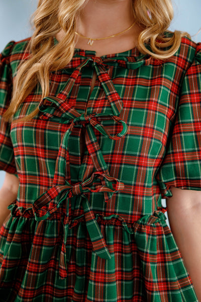 Green Tartan Plaid Dress- Women's Plaid Holiday Dress- PeachLove Christmas Dress