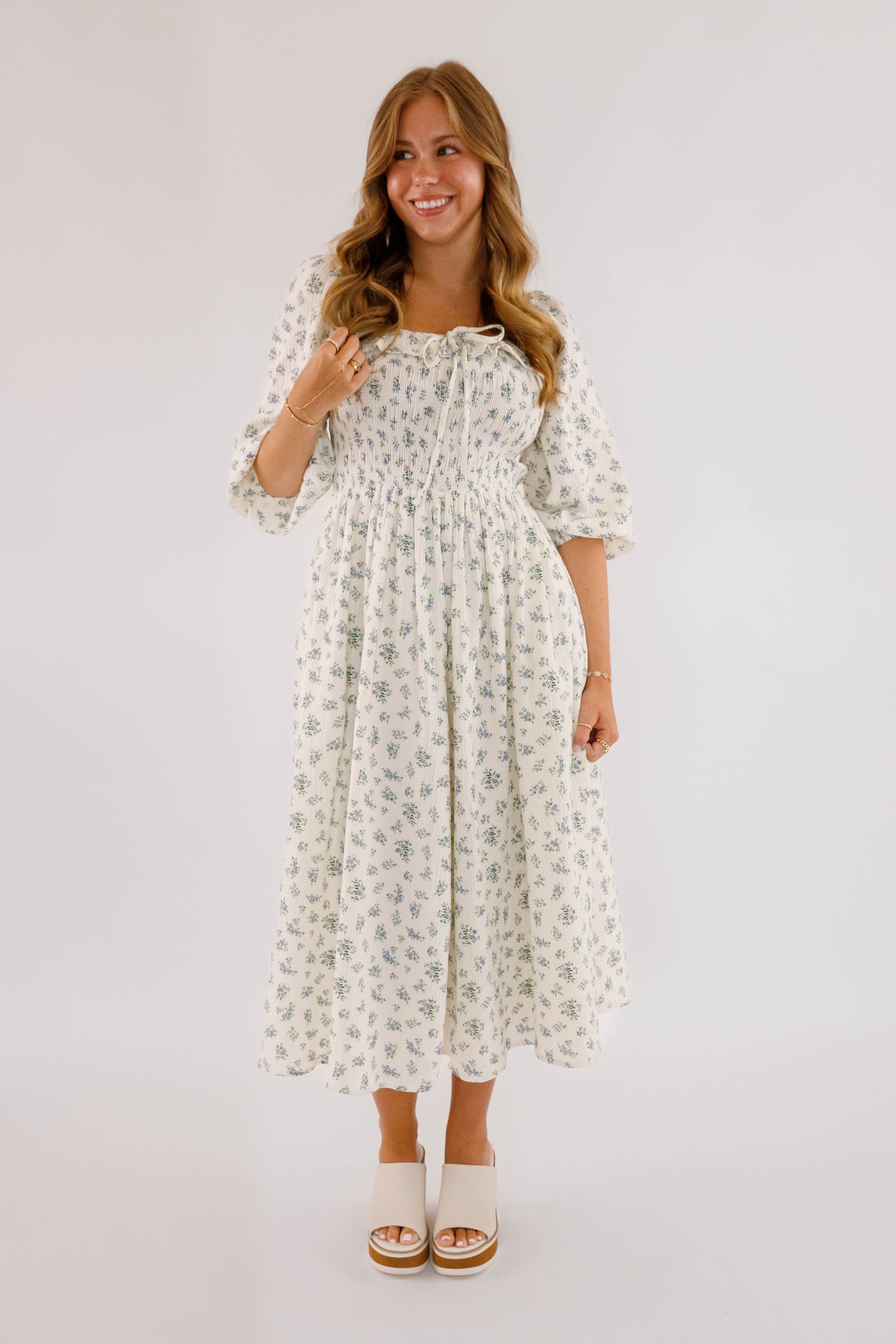 Dainty Blue Floral Print Midi Dress- Women's Cotton Midi Dress- Women's Conservative Dresses