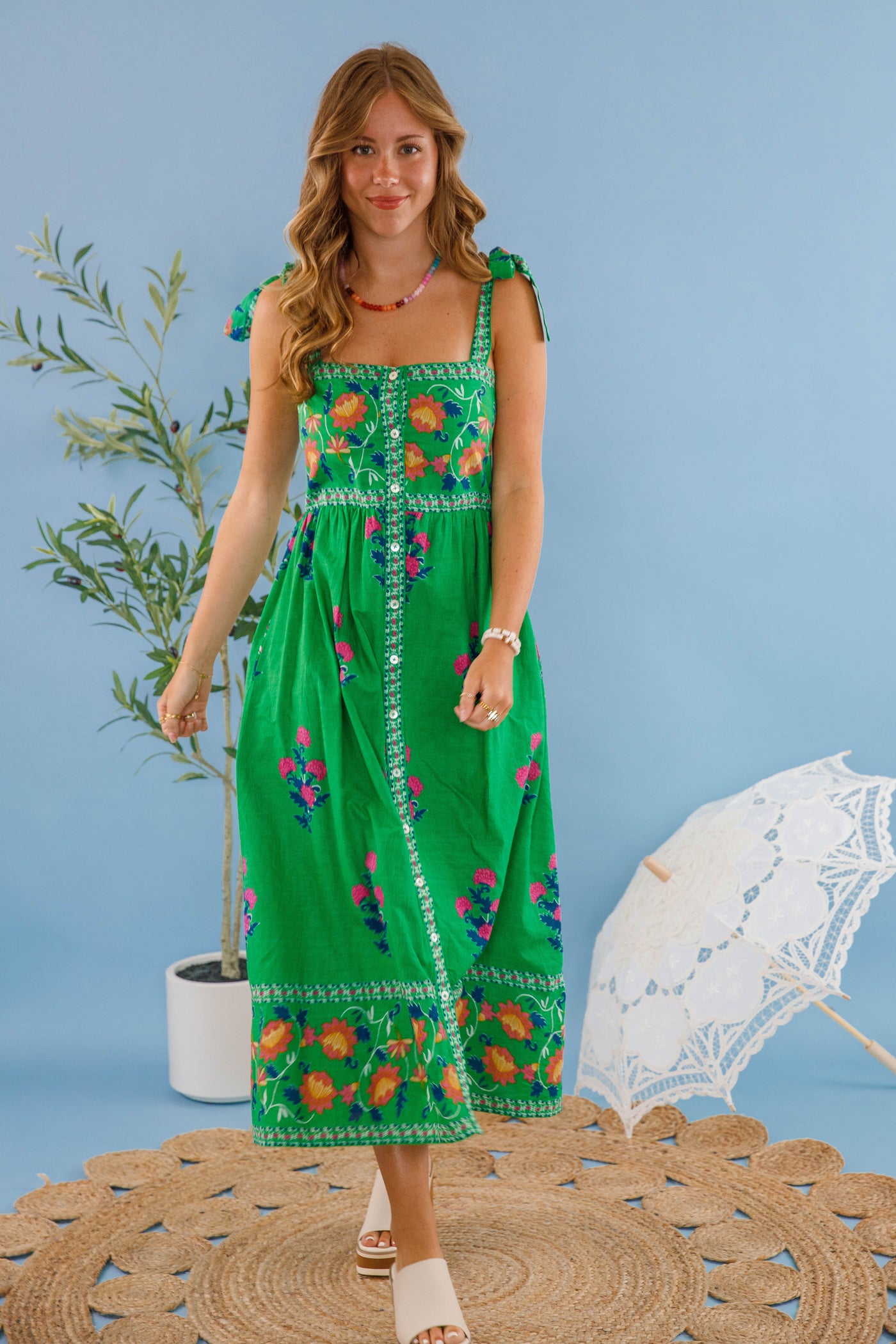 Women's Green Print Floral Dress- THML Midi Dress- Women's Vacation Dresses