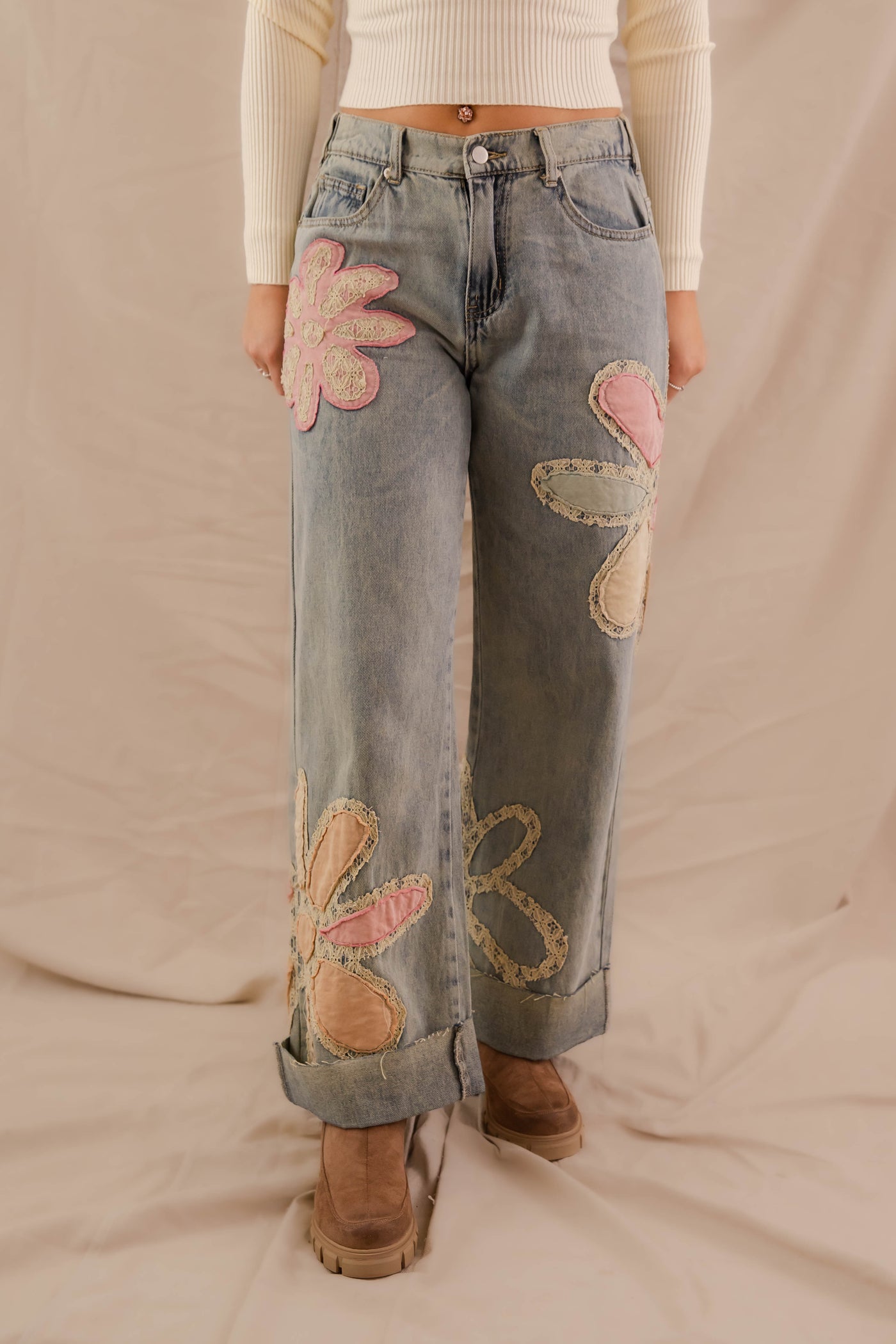 Floral Patchwork Jeans- Wide Leg Patchwork Denim- Oli and Hali Floral Jeans