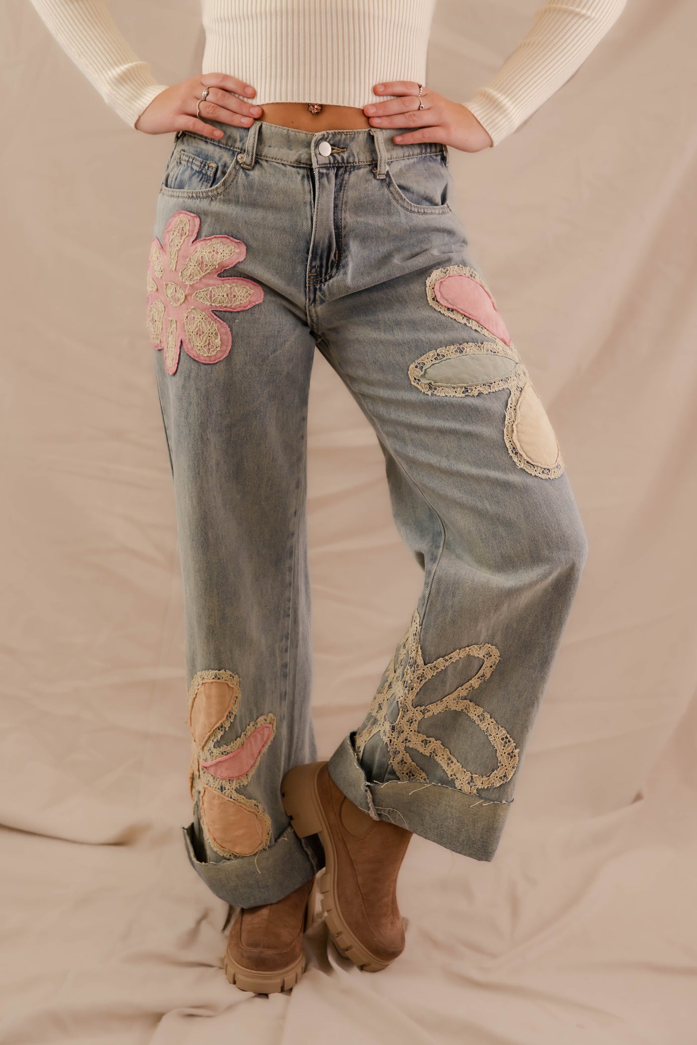 Floral Patchwork Jeans- Wide Leg Patchwork Denim- Oli and Hali Floral Jeans