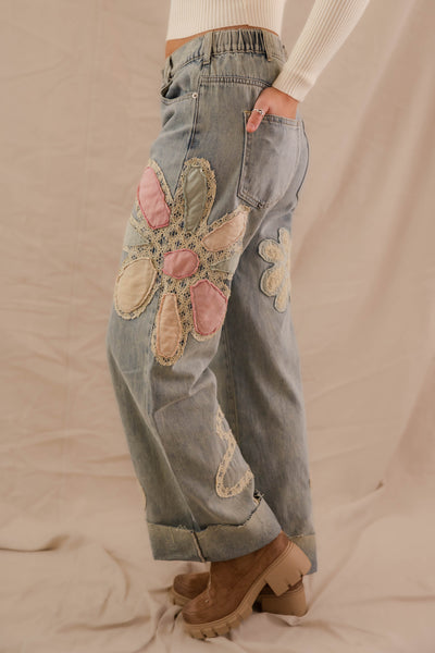 Floral Patchwork Jeans- Wide Leg Patchwork Denim- Oli and Hali Floral Jeans