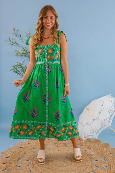 Women's Green Print Floral Dress- THML Midi Dress- Women's Vacation Dresses