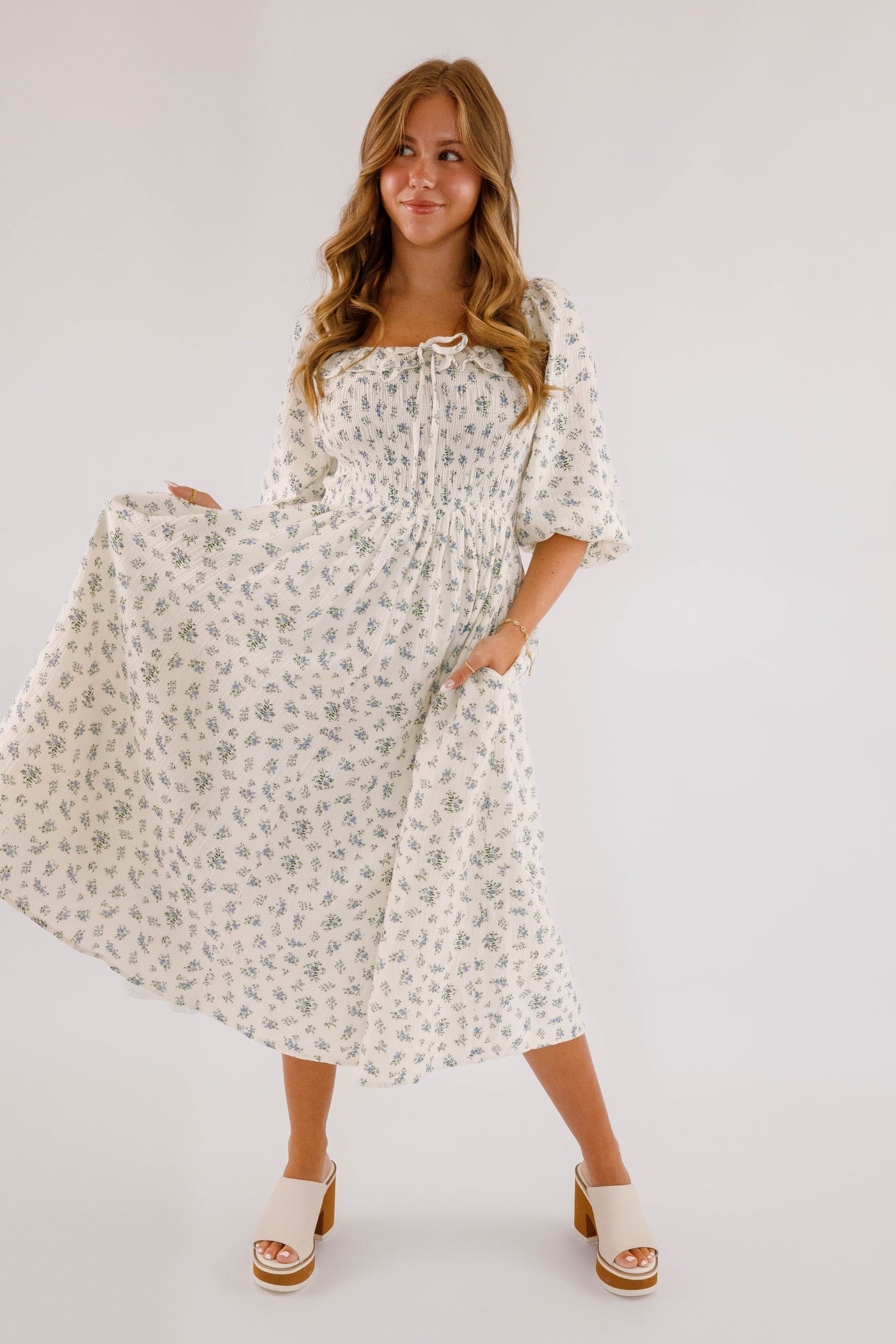 Dainty Blue Floral Print Midi Dress- Women's Cotton Midi Dress- Women's Conservative Dresses