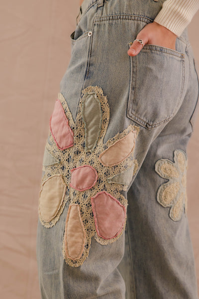 Floral Patchwork Jeans- Wide Leg Patchwork Denim- Oli and Hali Floral Jeans