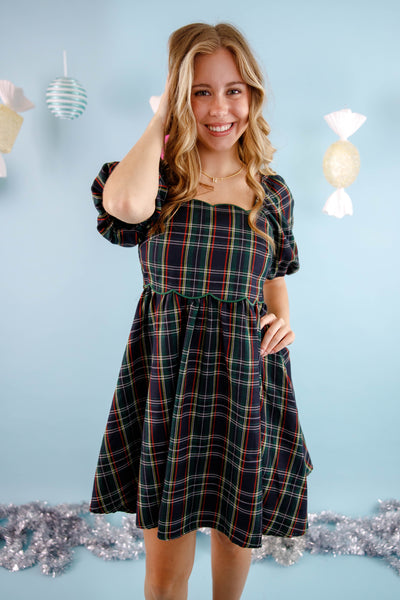 Green Tartan Plaid Print Dress- Women's Scalloped Preppy Dress- Entro Plaid Holiday Dress