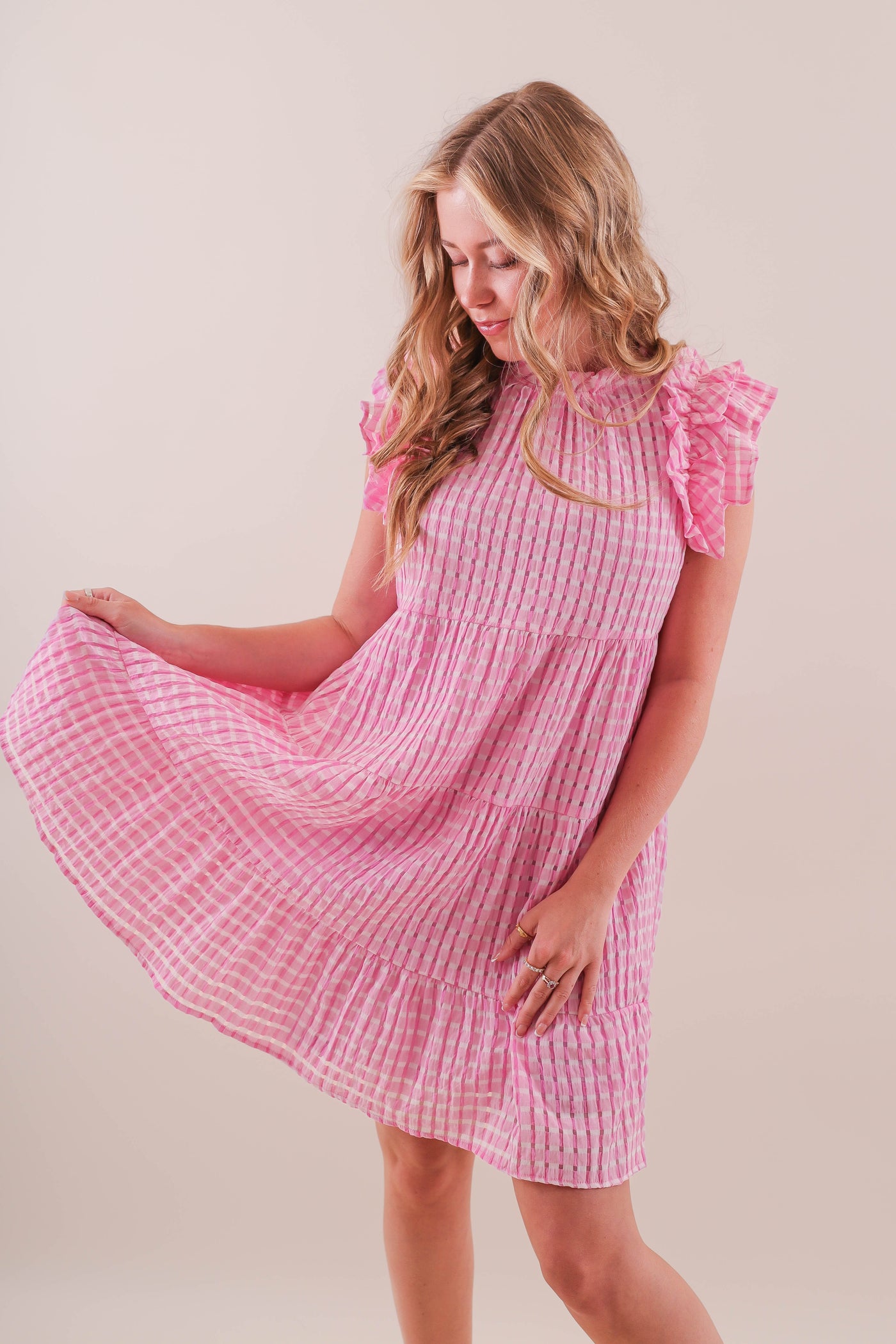 Women's Pink Gingham Dress- Women's Pink and White Seersucker Dress- Entro Dresses