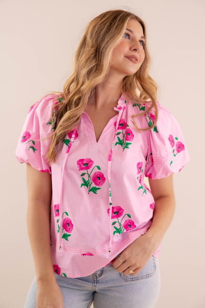 Women's Pink Cotton Blouse- Floral Print Cotton Top- Entro Flower Tops