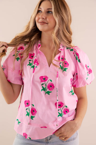 Women's Pink Cotton Blouse- Floral Print Cotton Top- Entro Flower Tops