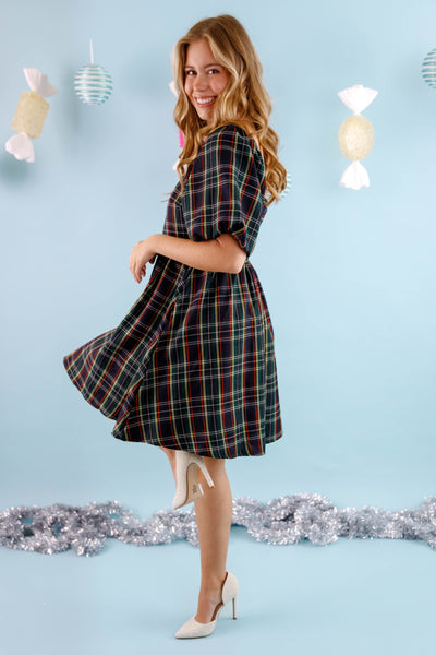 Green Tartan Plaid Print Dress- Women's Scalloped Preppy Dress- Entro Plaid Holiday Dress