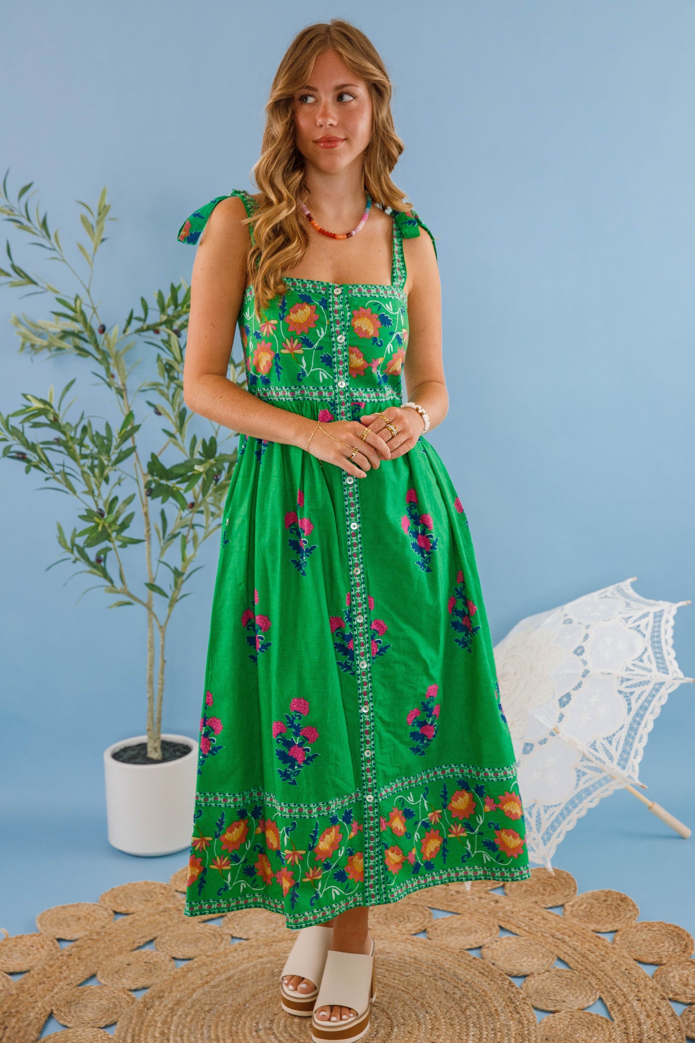 Women's Green Print Floral Dress- THML Midi Dress- Women's Vacation Dresses