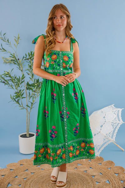 Women's Green Print Floral Dress- THML Midi Dress- Women's Vacation Dresses
