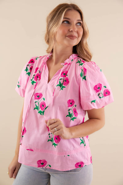 Women's Pink Cotton Blouse- Floral Print Cotton Top- Entro Flower Tops