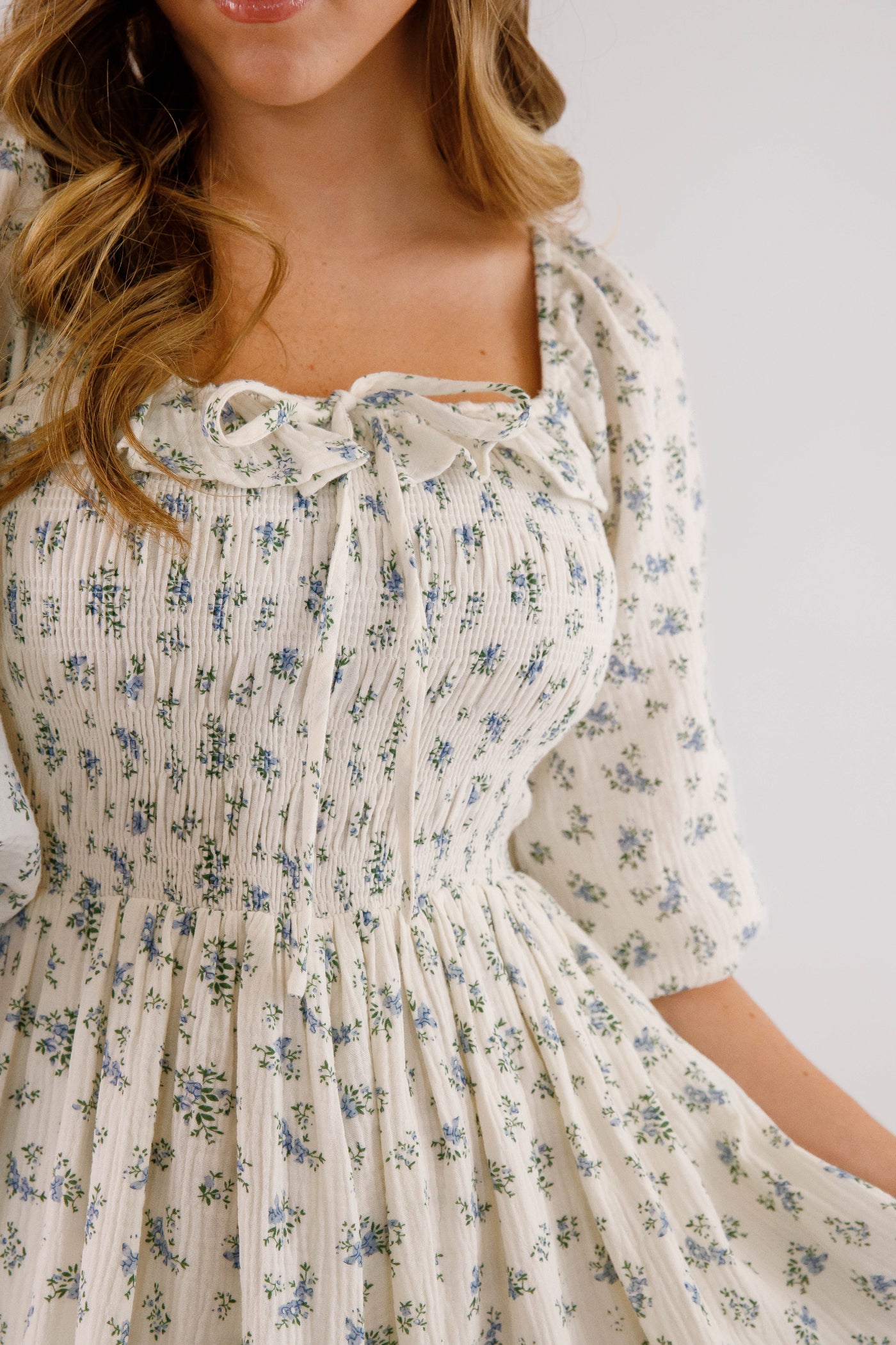 Dainty Blue Floral Print Midi Dress- Women's Cotton Midi Dress- Women's Conservative Dresses