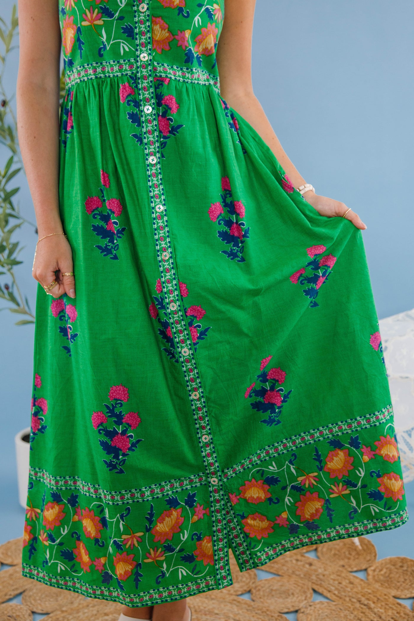 Women's Green Print Floral Dress- THML Midi Dress- Women's Vacation Dresses