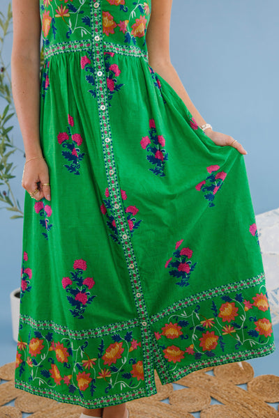 Women's Green Print Floral Dress- THML Midi Dress- Women's Vacation Dresses