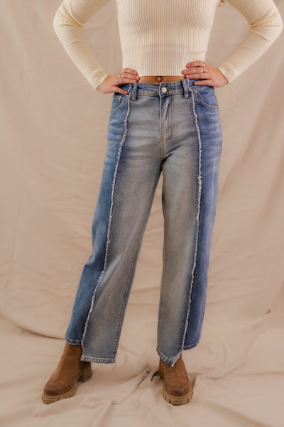 Frayed Mineral Wash Jeans- Women's Trendy Jeans- Women's Vintage-Inspired Denim