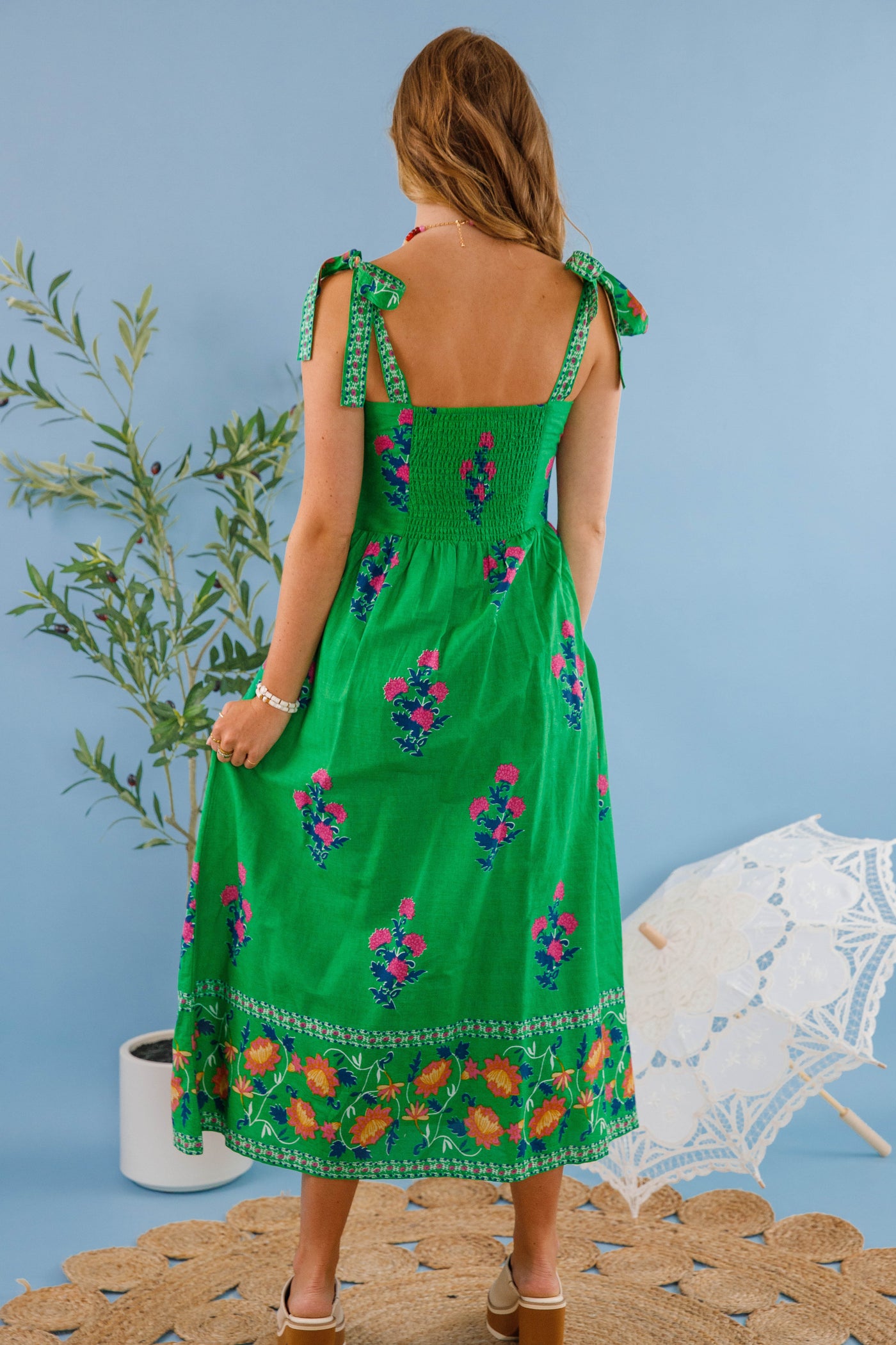 Women's Green Print Floral Dress- THML Midi Dress- Women's Vacation Dresses