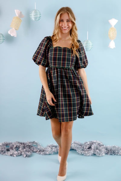 Green Tartan Plaid Print Dress- Women's Scalloped Preppy Dress- Entro Plaid Holiday Dress