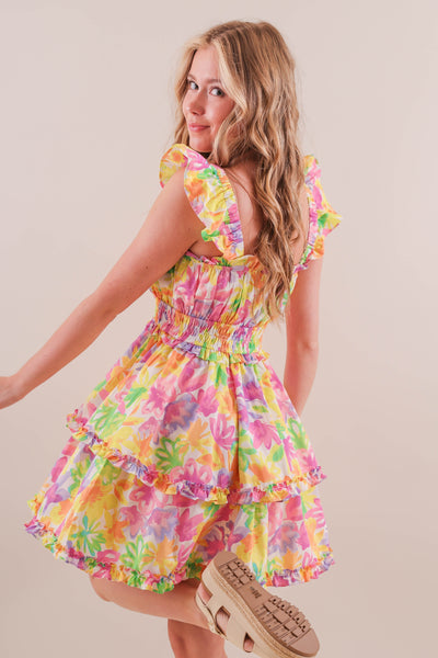 Bright Colorful Print Dress- Women's Mini Ruffle Bright Dress- &Merci Dresses
