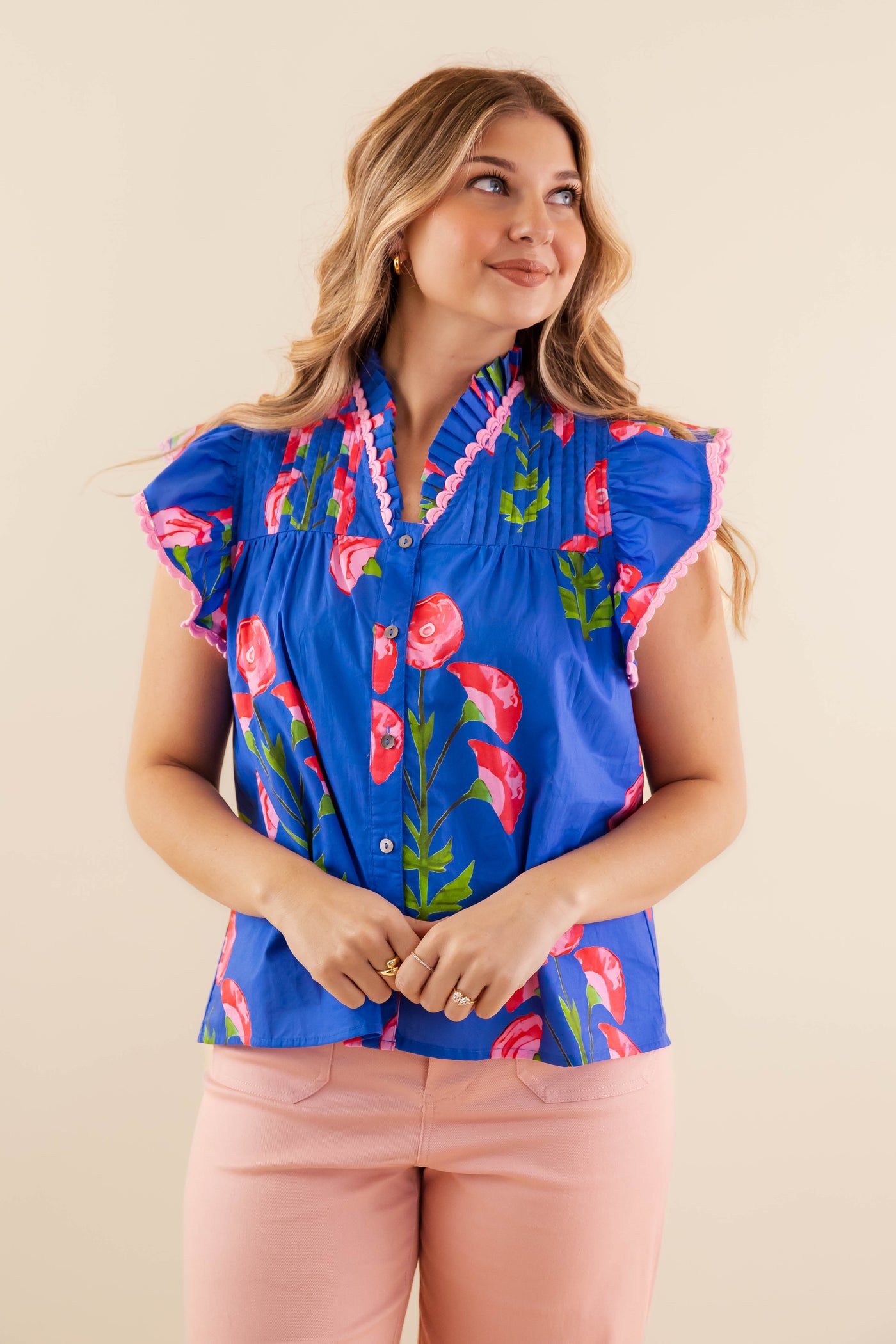 Floral Print Ruffle Sleeve Blouse- Blue and Pink Ruffle Top- Women's Spring Tops