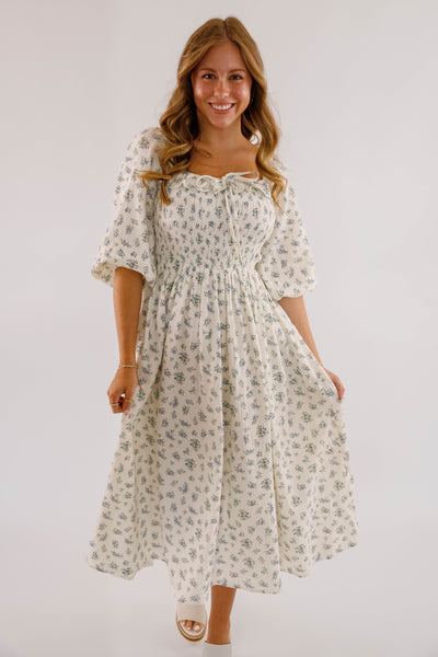 Dainty Blue Floral Print Midi Dress- Women's Cotton Midi Dress- Women's Conservative Dresses