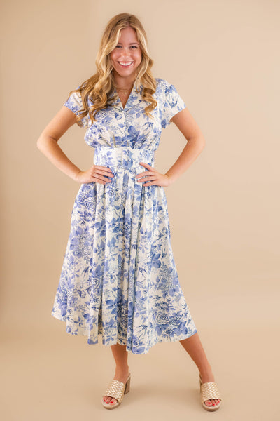 Floral Blue And White Midi Dress- Women's Belted Dress- AAKAA Dresses