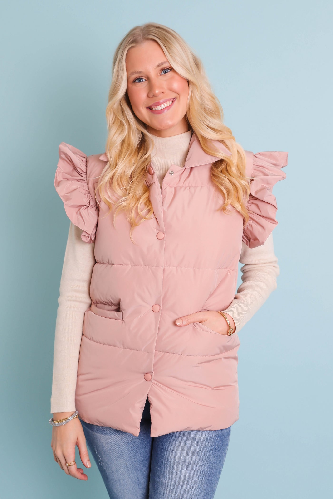 Women's Preppy Puffer Vest- Puffer Vest With Ruffles- Blush Pink Puffer Vest