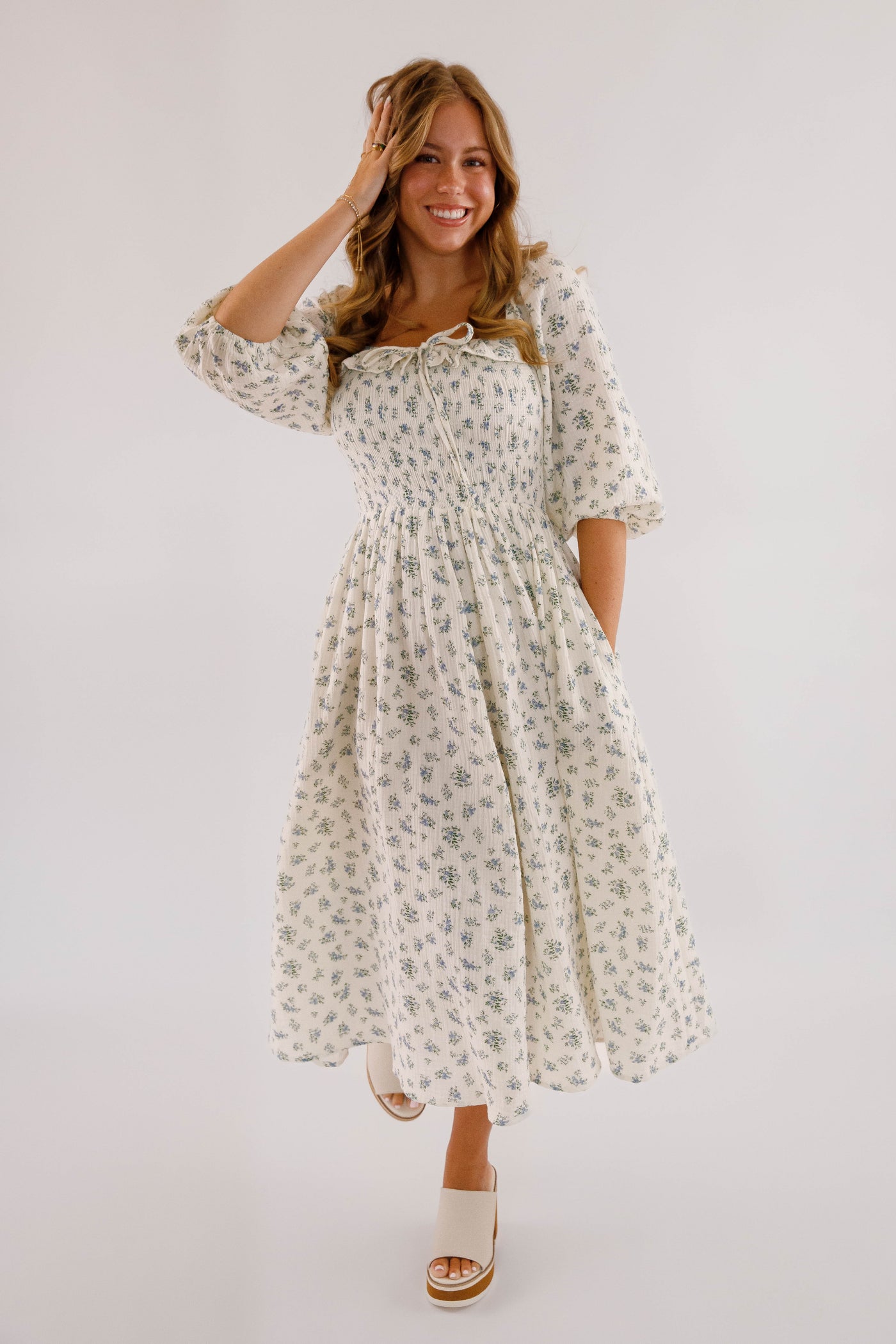 Dainty Blue Floral Print Midi Dress- Women's Cotton Midi Dress- Women's Conservative Dresses